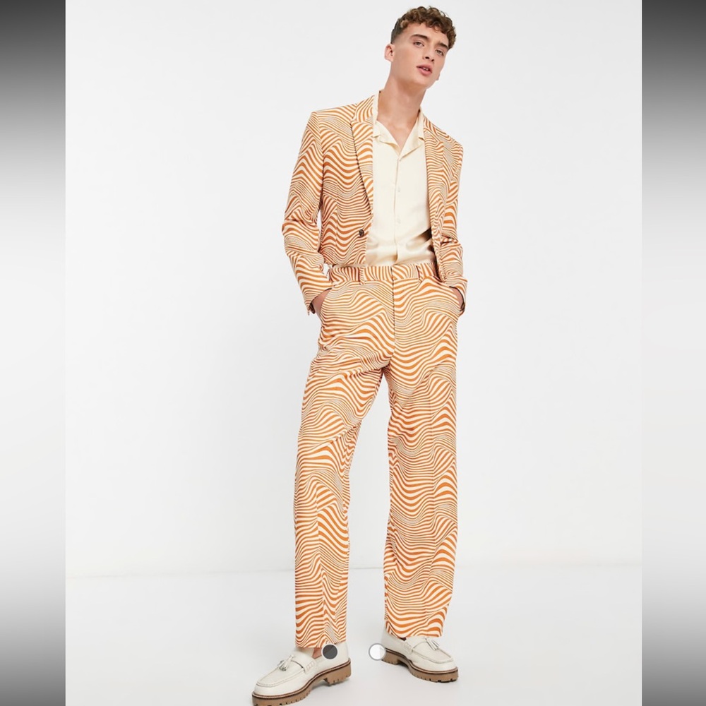 ASOS DESIGN white & orange swirl print retro 70s Men's Blazer Suit 46” Reg
